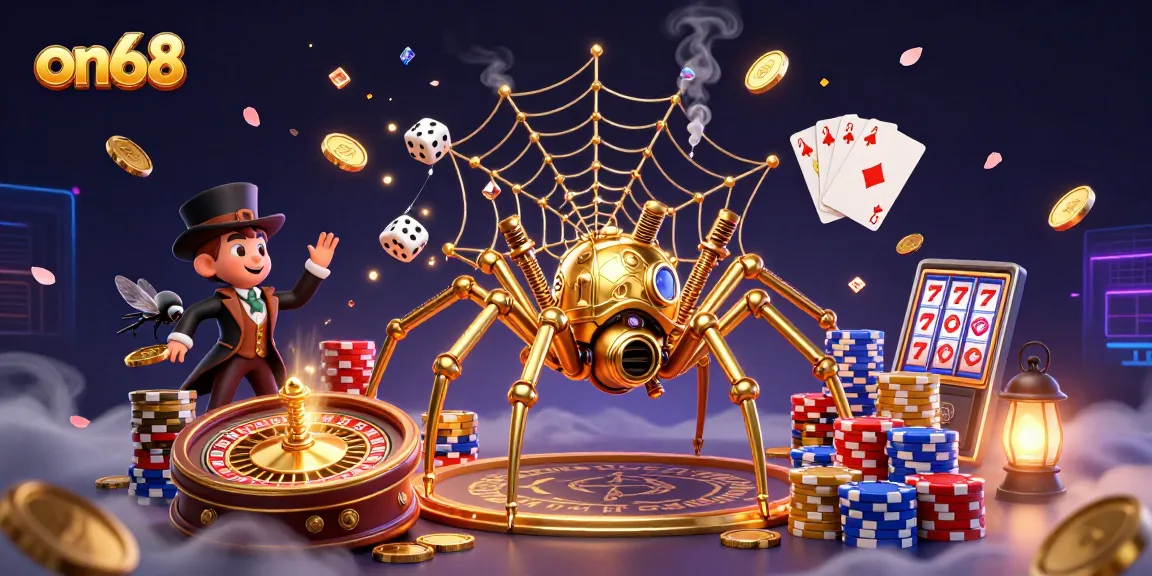Catch lucky dice in the golden web at on68 with a steampunk spider and Victorian fly.