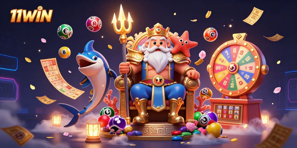 Win big with 11WIN in a vibrant lottery-themed illustration featuring Neptune!