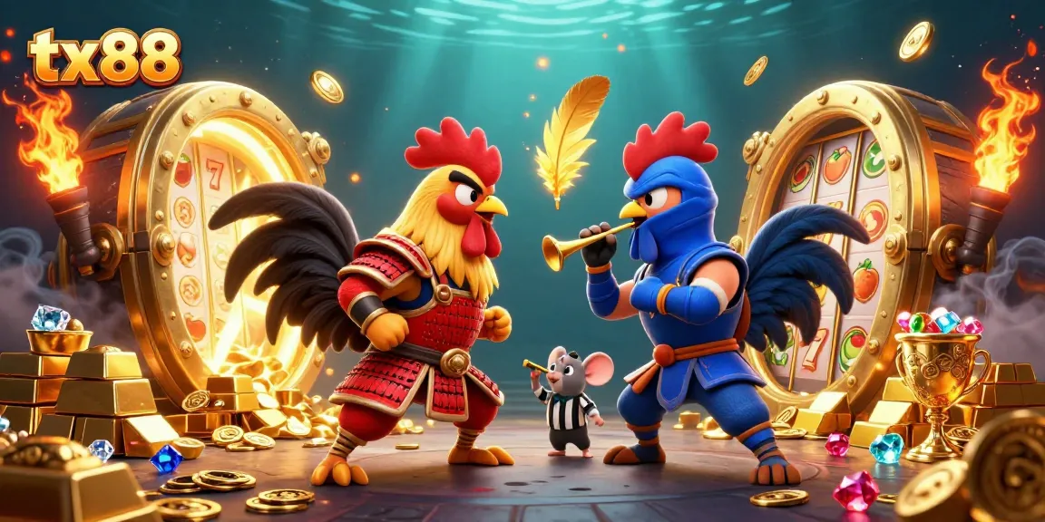Engage with tx88's thrilling slots experience, featuring dynamic fighting roosters and treasure elements.