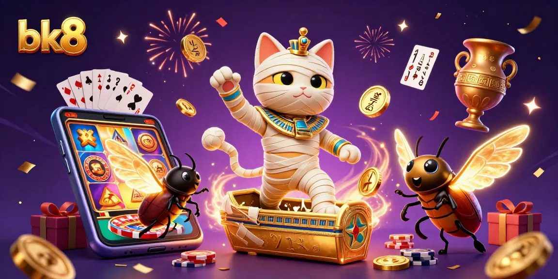 Experience thrilling wins at bk8 with a cartoon mummy cat and golden casino elements