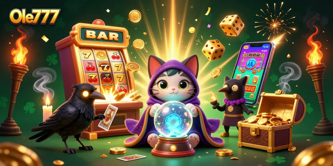 Experience thrilling slots at Ole777 with a mystical cat and raven, vibrant jackpot effects.