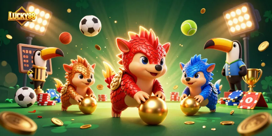 LUCKY88 pangolins compete in a vibrant casino game, surrounded by flying sports elements.