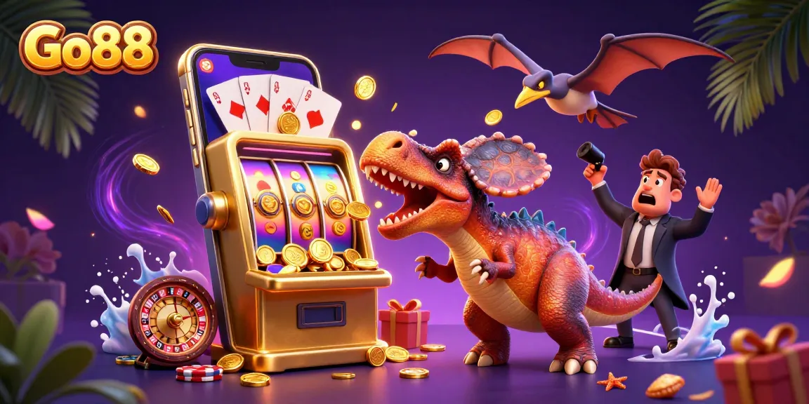 Go88 offers winning slots action with a cartoon dinosaur, jackpot coins, and casino excitement.