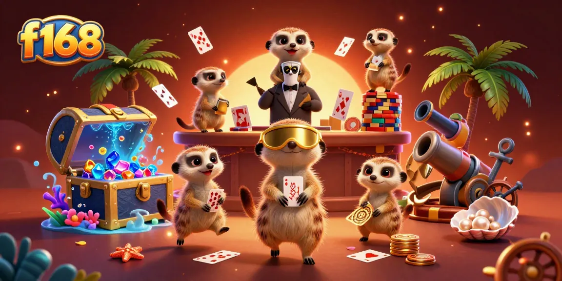 Experience the dynamic world of f168 with playful meerkats running a vibrant casino scene.