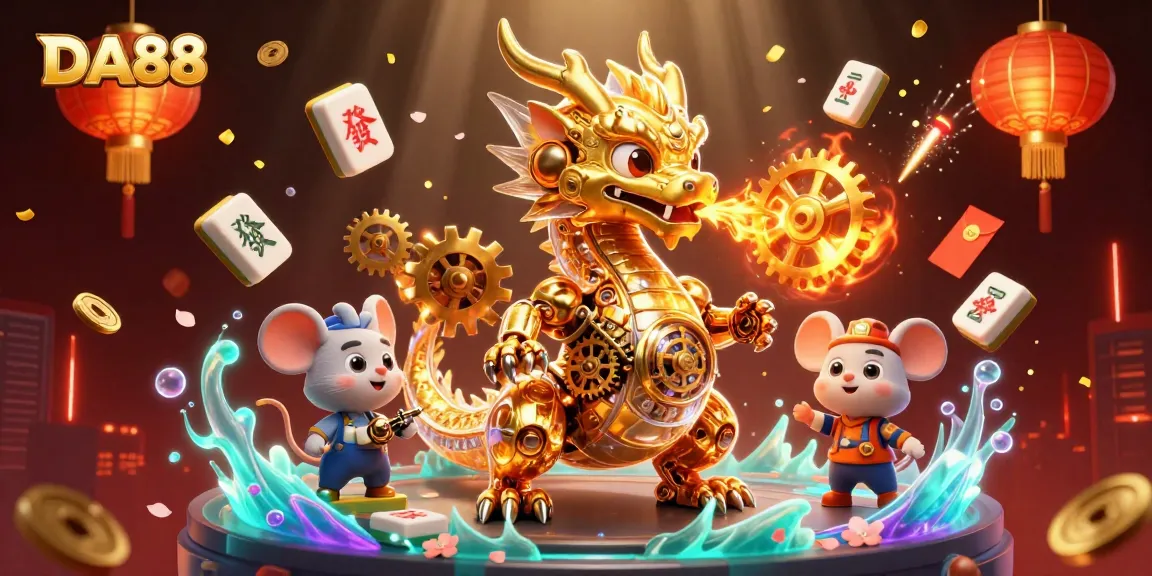 DA88 features a golden dragon amidst a rich casino backdrop, combining luck and strategy.