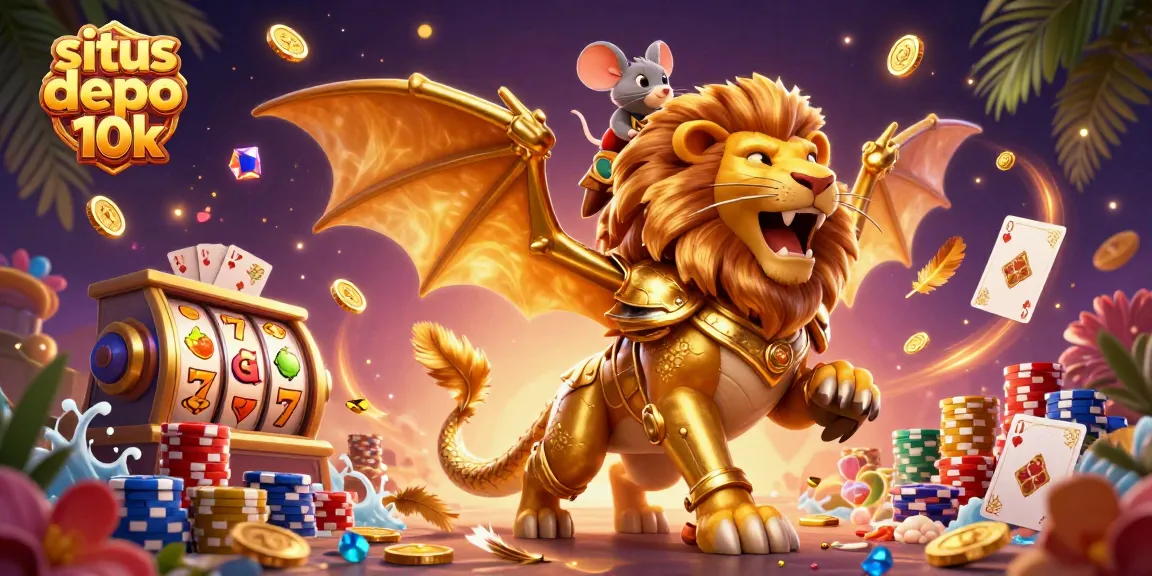 Situs depo 10k players experiencing thrilling slot games, featuring a chimera and coins.