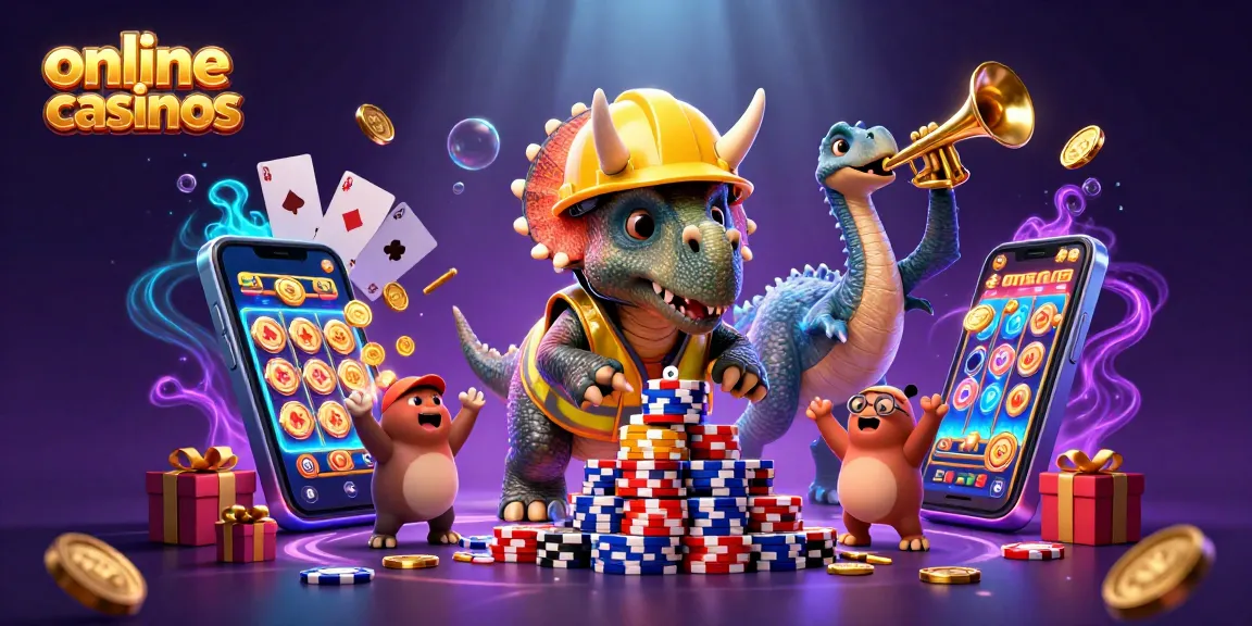 Engaging 3D illustration showcasing online casinos with a festive triceratops and exciting gaming elements.