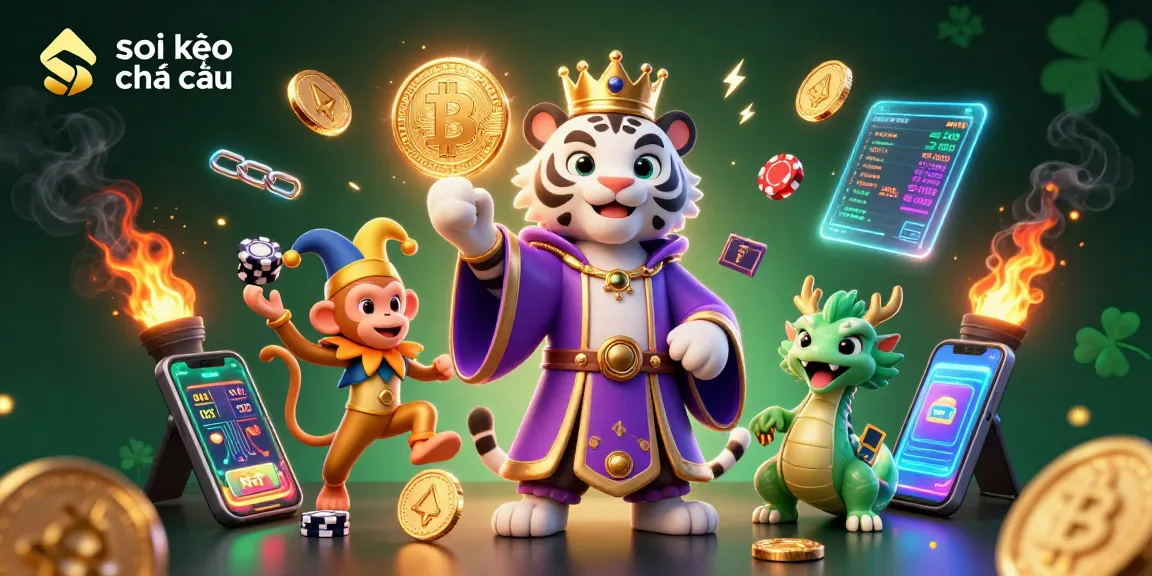 Experience soi kèo nhà cái with an engaging 3D scene featuring a royal tiger and jester monkey