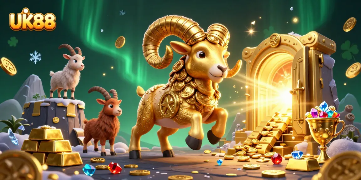 Vibrant 3D scene of UK88 with a golden ram charging, casino treasures, and sparkling elements.