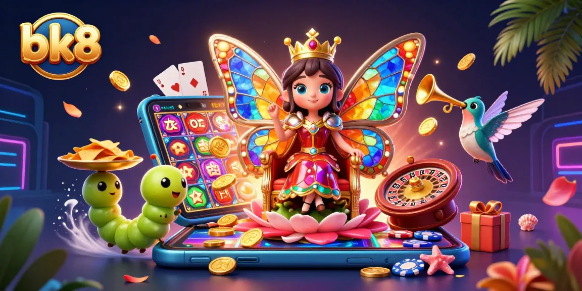 Experience the magical world of bk8 with vibrant casino scenes featuring a butterfly queen and dynamic game elements.