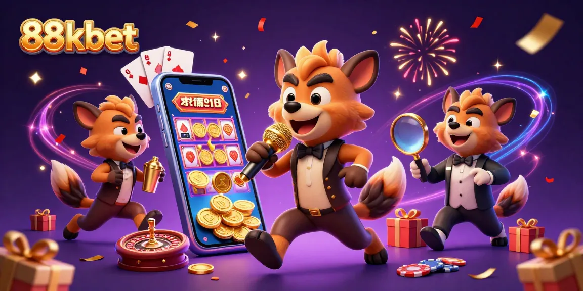 Engage with 88kbet in this vibrant casino scene featuring hyenas at a comedy club mixing drinks and telling jokes.