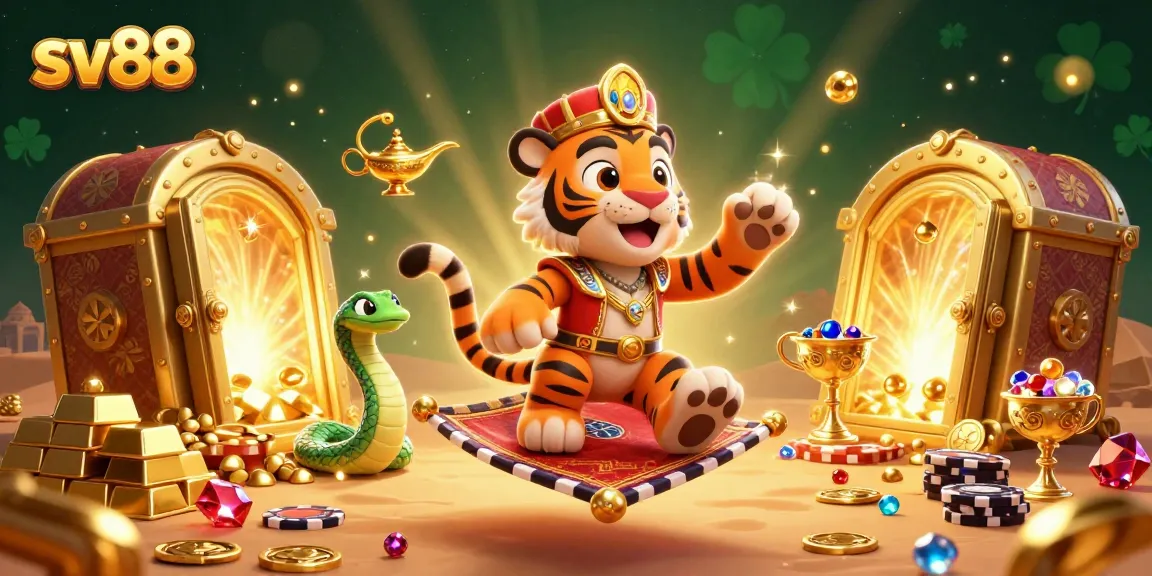 Spin and win with sv88's magical casino adventure featuring a tiger sultan and treasures.