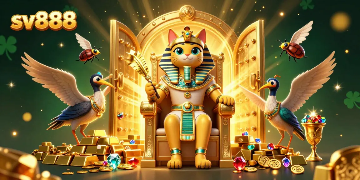 Experience thrilling gameplay at sv888 with golden treasures and dynamic characters in this vibrant casino illustration.